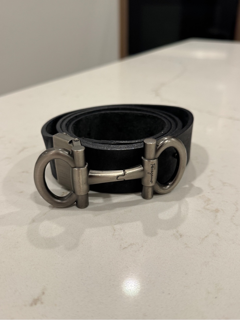Salvatore Ferragamo Black Leather Gancio-Link Belt with Silver-Tone Hardware